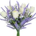 9PCS Artificial Flowers Purple Fake Plastic Lavender with White Tulips Floral Arrangements Spring Flowers for Decoration Home Kitchen Table Centerpiece Wedding