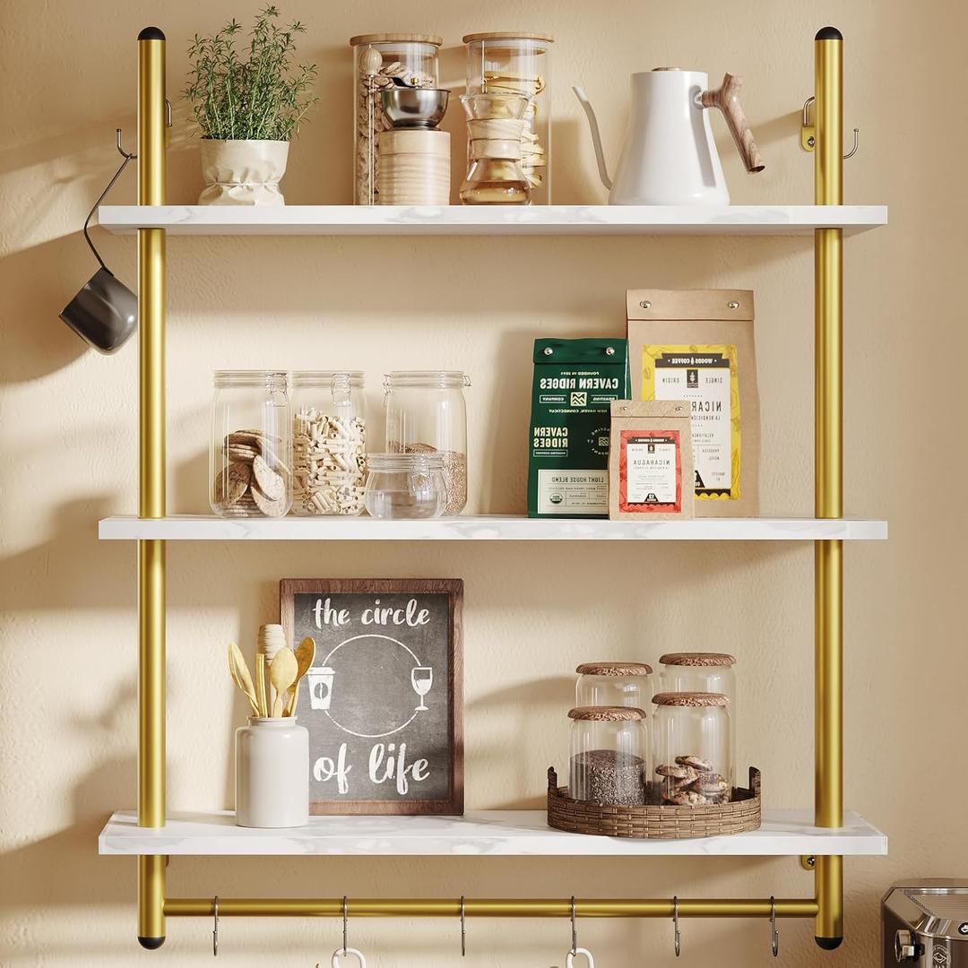 Bestier 31" Industrial Pipe Shelving, Floating Kitchen Wall Shelves 3 Tier Coffee Bar Shelves for Wall with 8 Hooks, Hanging Display Shelf Bookshelf for Living Room Bathroom, White Marble (31.5 Inch)