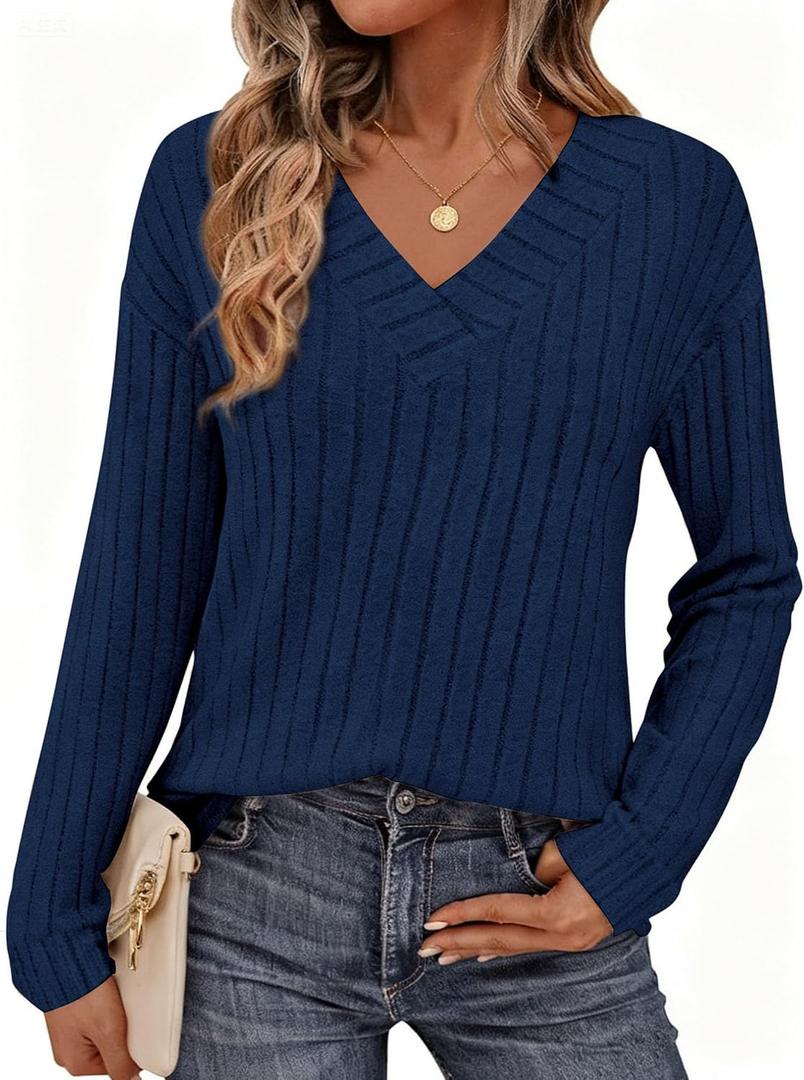 PRETTYGARDEN Fall Fashion 2026 Long Sleeve Shirts for Women Ribbed Knit V Neck Dressy Casual Lightweight Sweaters Tunic Tops (Blue, M)