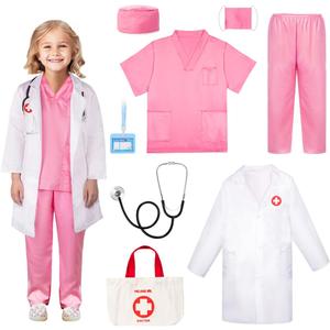 Meland Doctor Costume for Girls - Kids Scrubs with Lab Coat & Carry Bag, Doctor Dress Up for Halloween, Career Day Role Play (5-6 Years, Pink)