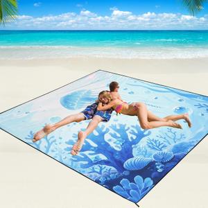Beach Blanket Waterproof Sandproof Beach Mat 79" X 83"/10'x9'for 2-8 Adults Quick Drying Outdoor Picnic Mat Beach Accessories for Travel, Camping, Hiking (3d-jellyfish)