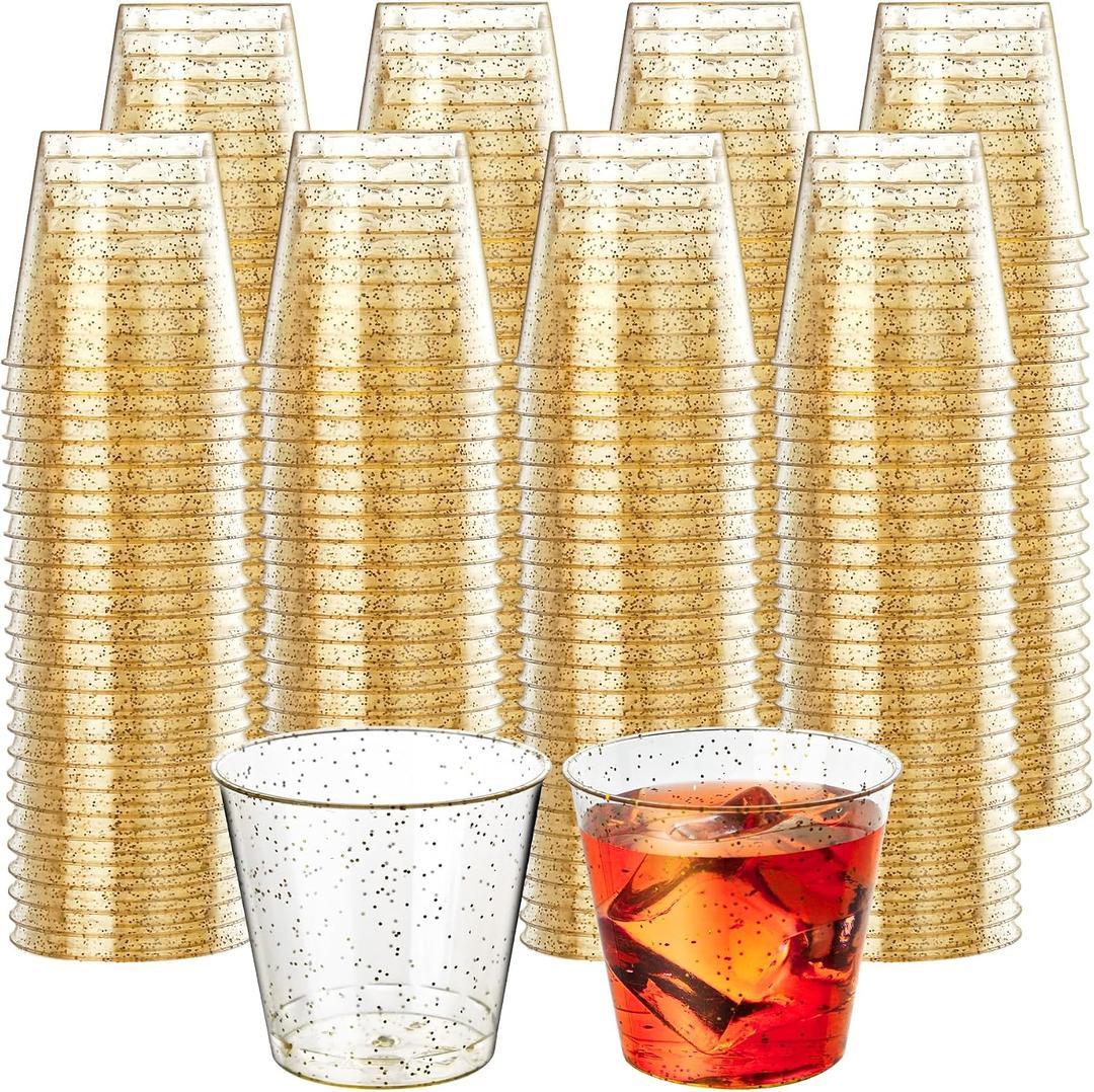 Byvivace 500Counts 1OZ. Disposable Shot Glasses Hard Plastic Shot Cups Gold Glitter Mini Shot Glasses for Tequila, Jello Shots, Liquor, 1Ounce Small Cup for Sauce, Dips, Shot Cups for Party