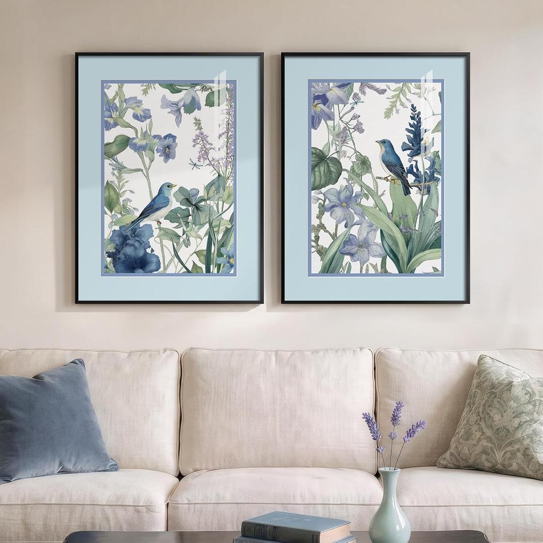 Framed Vintage Blue Floral Bird Botanical Wall Art for Living Room, 2 Piece, 24" W x 32" H x 2Pcs