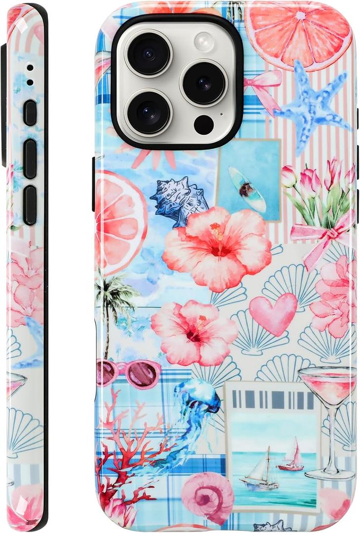 KANGHAR Magnetic Designed for iPhone 16 Pro Case, Cute Pink Summer | Compatible with MagSafe, Beach Coastal Collage Aesthetic Design, 2-Layer Hybrid Shockproof Protective Cover for Women Girls