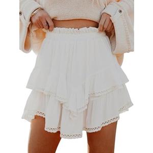 Aoudery Flowy Shorts for Women Casual Boho Ruffle Tiered Skorts High Waist Mini Skirts Golf Tennis Butterfly Crochet Shorts - A White M