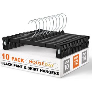 HOUSE DAY Pants & Skirt Hangers - 10 Pack Pants Hangers with Non-Slip Big Clips - Closet Hanger for Shorts, Shirts, Jeans, Slacks, Clothes, Clothing - Durable, Slim & Space Saving, Black - 12 Inch