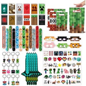 120 PCS Party Favors for Pixel Theme Birthday Party Supplies, Goodie Bag Stuffers Favors includes 50 Stickers, 12 Gift Bags,12 Wristbands,12 Keychains,10 Sword Foil Balloons,12 masks,12 Mini Notepads.