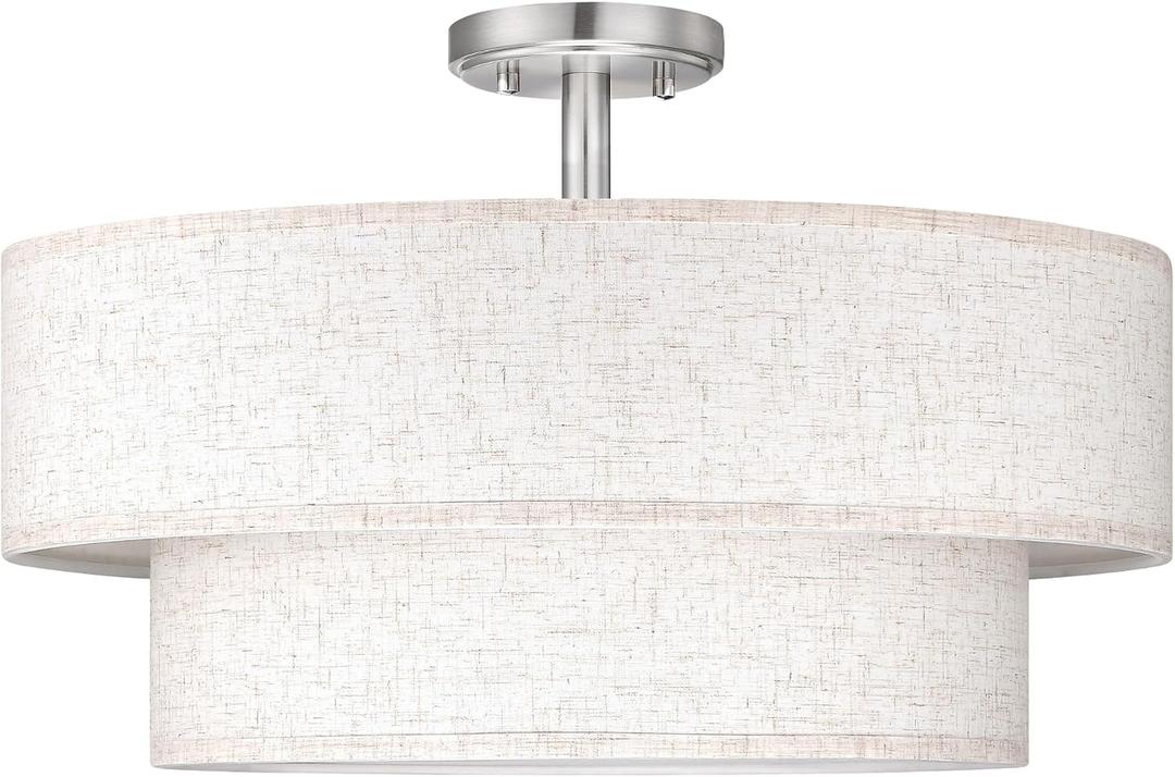2-Tier 20" Cream Drum Fabric 4 Light Brushed Nickel Semi Flush Mount Ceiling Light for Living Room Dining Room Bedroom Hallway