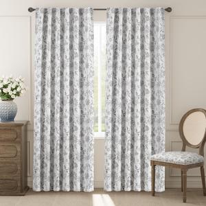 jinchan Blackout Floral Curtains for Bedroom, 90 Inches Long Printed Flower Black Out Curtains, French Country Back Tab Gray Window Treatment Farmhouse Drapes Set 2 Panels Grey (*Jacobean Grey on Off White)