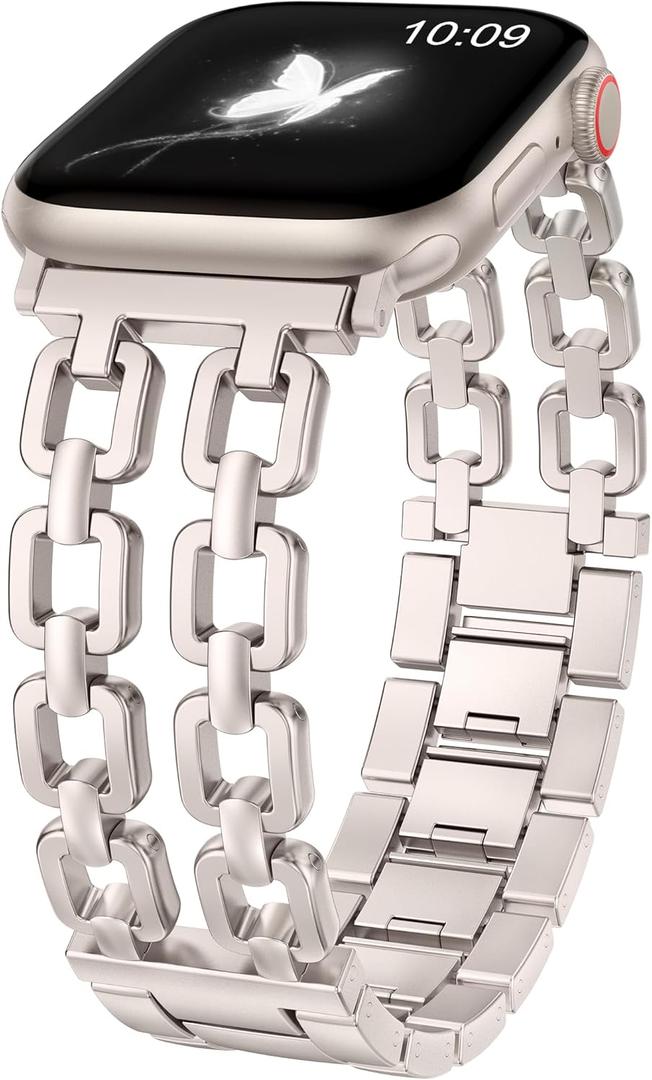 Wearlizer Compatible with Apple Watch Bands 41/40/38/44/45/46/49/42mm Women, Dressy Fancy Metal Chain Pretty Strap Designer Gold Silver Link Bracelet for iWatch Ultra SE Series 10 9 8 7 6 5 4 3 2 1 (Starlight)