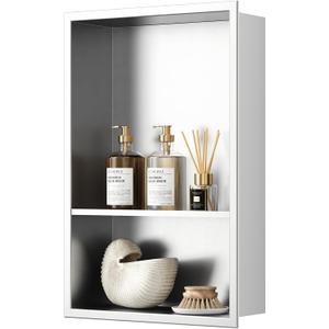 Neodrain 12X18 Inch Brushed Shower Niche, Double Shelf Stainless Steel No Tile Needed Bathroom Cabinet, Two Layer Recessed Built-in Wall Niche Waterproof
