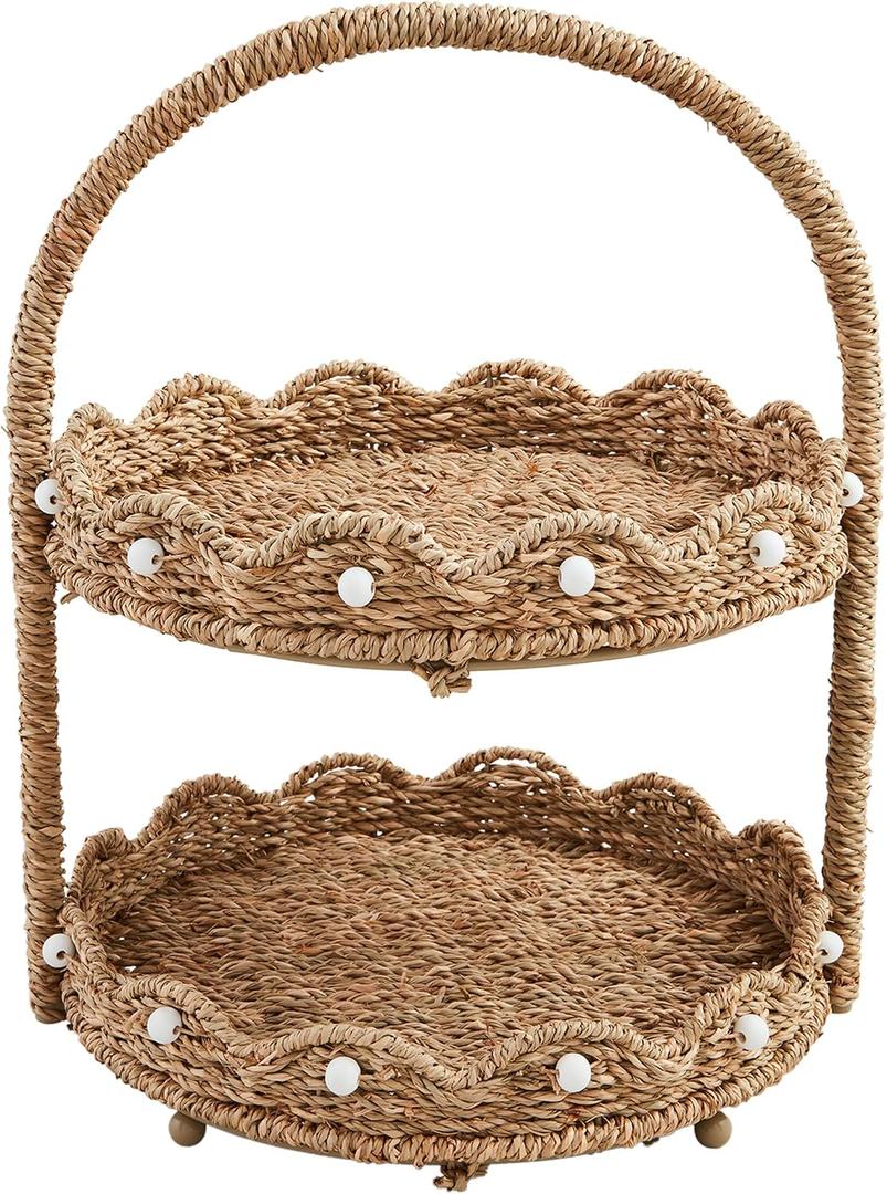 Mud Pie 16" x 11 1/4" Dia Scalloped Woven Tiered Server, Brown
