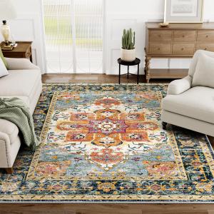 Eleisa 8x10 Area Rugs for Living Room, Orange & Navy Blue, Machine Washable Low Pile Area Rug, Stain Resistant Vintage Home Decor Rug for Bedroom, Dining Room, Home Office