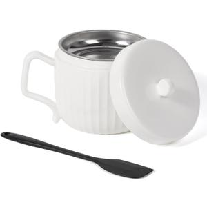 Bacon Grease Container with Strainer, Oil Keeper Can for Bacon with Silicone Spatula, Crackle Glaze Fat Container Keeper with Easy-Grip Handle (White)