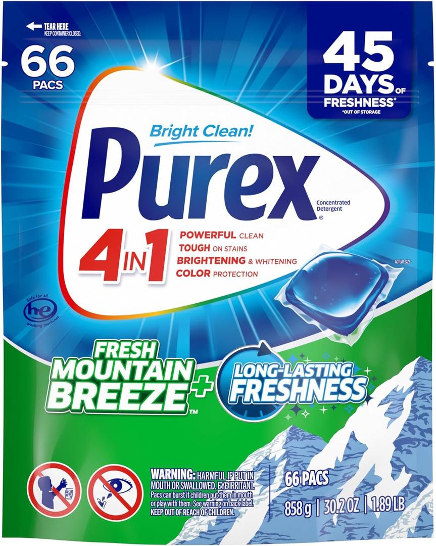 Purex 4-in-1 Laundry Detergent Pacs, Mountain Breeze, 66 Count, Brightening and Whitening, Powerful Clean, Tough on Stains, Boost of Freshness