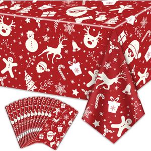 Christmas Tablecloths for Rectangle Table, 87x51'' Santa Claus Snowman Reindeer Snowflake Xmas Plastic Disposable Table Cover for Christmas Party Winter Events Decorations, Red, 12 Pack