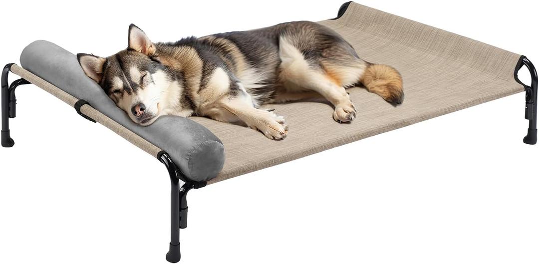 Veehoo Large Elevated Dog Bed, Outdoor Raised Dog Cot Hammock Bed with One-Sided Removable Headrest Bolster, Cooling Breathable Washable Teslin Mesh, Off Ground, Anti-Slip, L, CWC2204BCP (43.0"L x 30.0"W x 10.6"Th)