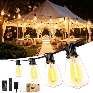 oneup Outdoor String Lights 200FT LED Patio Lights with Remote & APP,Dimmable 2700K Warm White,ST38 Bulbs Shatterproof & Weatherproof IP44,Heavy Duty Bistro Lights for Backyard,Patio,Gazebo,Pergola