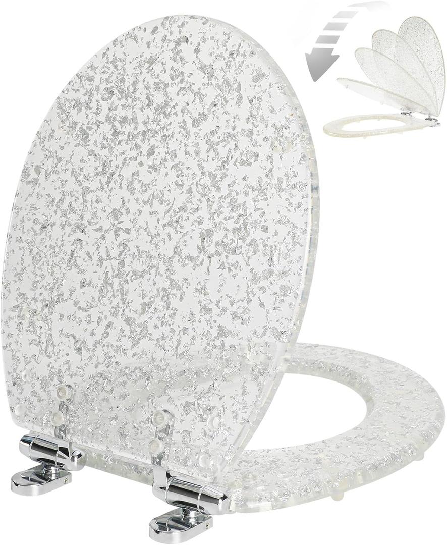 Resin Toilet Seat Round with Easy Clean Adjustable Hinges, Soft Close Quick Release Heavy Duty Silver Glitter Cover Acrylic Toilet Seats (Round 17 Inch, Silver Foil, Upgraded hinge)
