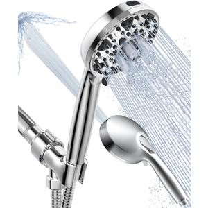 Shower Head With Handheld 7 Settings High Pressure, Built-in Power Wash to Clear Tub, Tile & Pets, 5" High Powerful Hand Held Rain Showerhead with Stainless Steel Hose and Adjustable Bracket