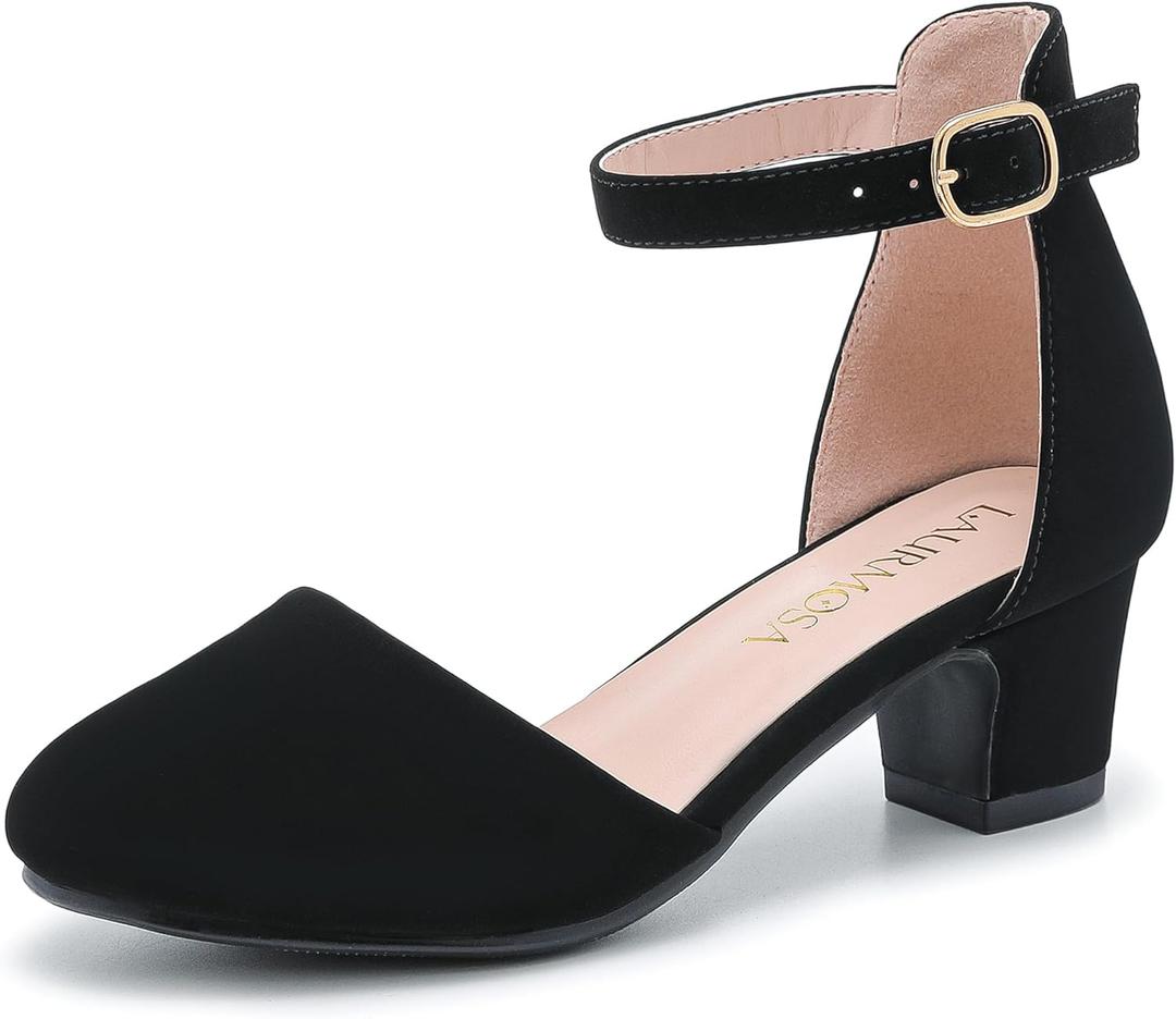 LAURMOSA Girls Dress Shoes Closed Toe Chunky High Heels Ankle Strap Wedding Party Pump Shoes (4 Big Kid, Lovely Nubuck Black)