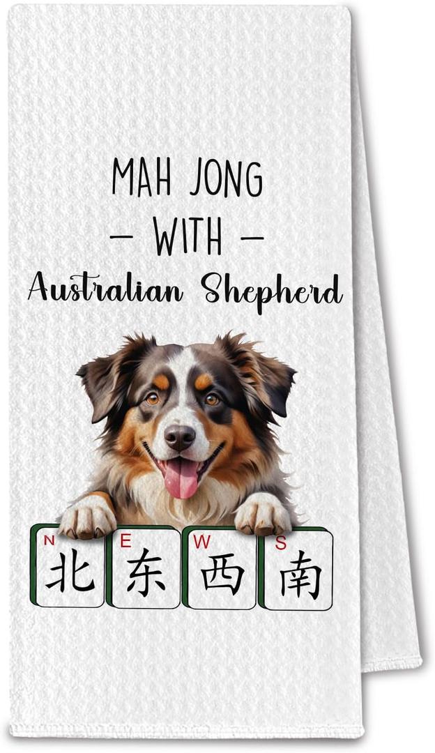 PaBk Of 3 BVHD Australian Shepherd Mahjong Kitchen Towels, Australian Shepherd Dog Lovers Gifts for Women & Men, Mahjong Mah Jong Dog Hand Dish Tea Towels for Kitchen Bathroom Decorative, 16x26 Inch