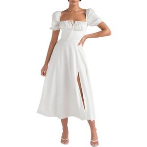Linsery Women's Puff Sleeve Floral Maxi Dress Elegant Square Neck Cottagecore Boho Split Long Dresses (Large)