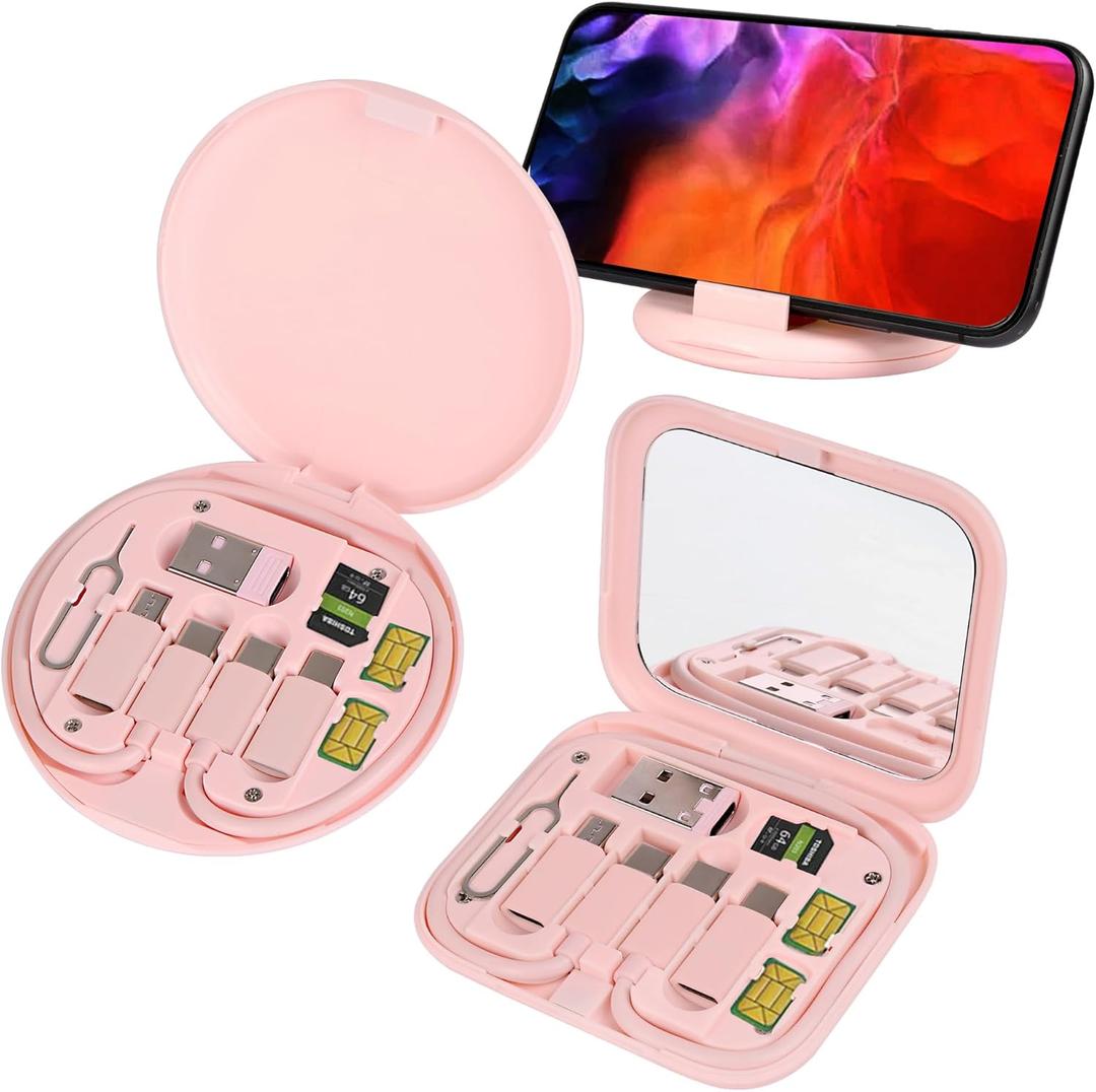 evron USB Adapter Multi Charging Cable Case 2pc Set,Micro USB Cable Gadgets Box with Phone Kickstand,USB C to Micro,Type C to iOS Device,Data Transfer,Card Storage,SIM Card Pin (Pink(Disc+Mirror))