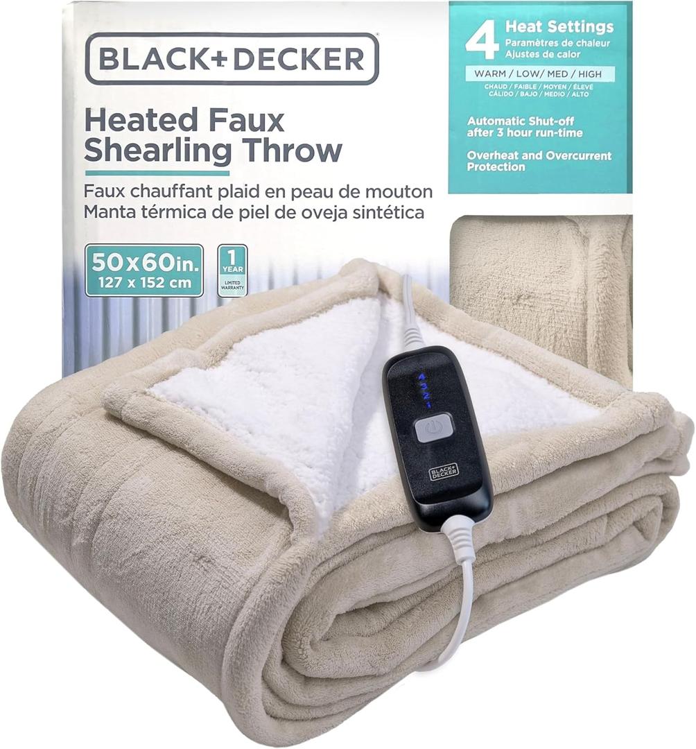 BLACK+DECKER Heated Blanket Electric Throw, Faux Shearling Electric Blanket, Heating Blanket with 4 Heating Levels, 3H Timer, Auto Shutoff, Fast Heating (50x60 inches, Cream)
