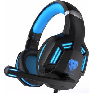 Gaming Headset for PS4, PC, Xbox One, PS5, for Nintendo Switch, Wired Over Ear Headphones with Stereo Surround Sound, Noise-Cancelling Microphone, LED Lights for Kids Adults, Black Blue