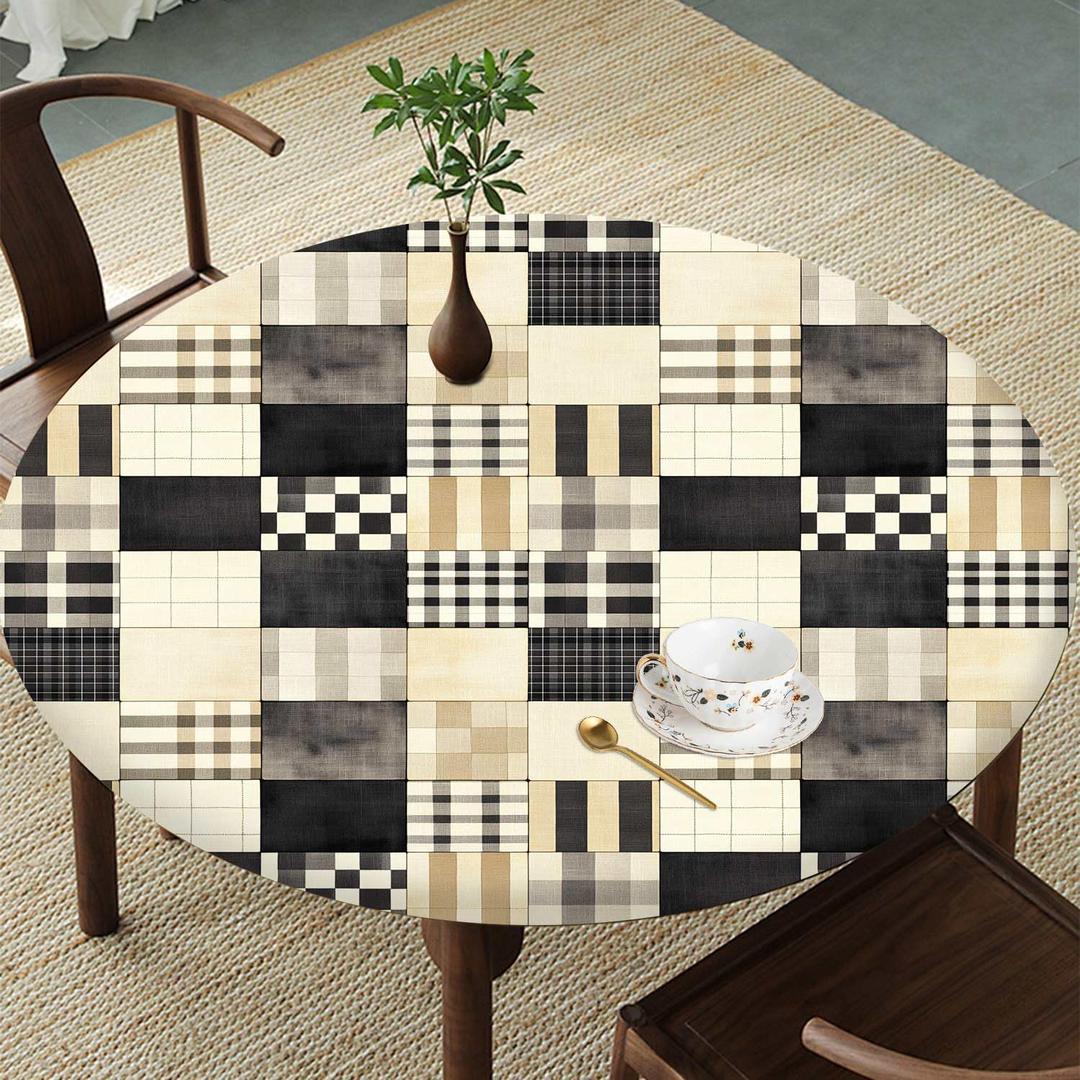 Neutral Patchwork Plaid Round Tablecloth Fitted Circle Table Cover with Elastic Edge, Waterproof & Washable Polyester Table Cloth for 43" to 54" Indoor/Outdoor Tables