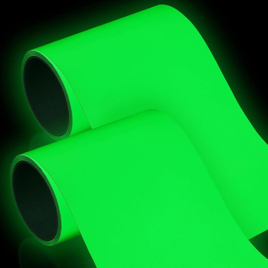 2 Rolls Glow in The Dark Tape 16.4 ft x 6 Inch Luminous Phosphorescence Green Long Lasting Bright Glow Tape for Halloween Night Decorations, Theater Stages, Stairs, Walls, Steps and Exit Sign