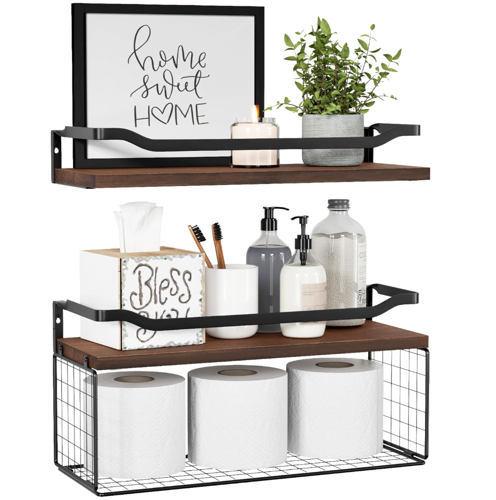 WOPITUES Floating Shelves with Wire Storage Basket, Bathroom Shelves Over Toilet with Protective Metal Guardrail, Wood Wall Shelves for Bathroom, Bedroom, Living Room, Toilet Paper Dark Brown