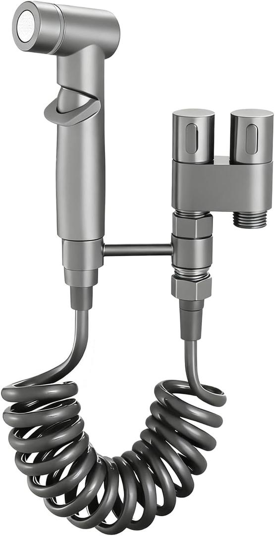 Generic Toilet Faucet Splitter 2-Way Double Faucet Adapter, 1-in-2-Out Dual Control Valve Handheld Bidet Sprayer, Stainless Steel & Brass, Black, Bathroom AccessoryGray