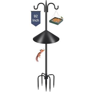 Gtongoko Bird Feeder Pole Squirrel Proof, 92 Inch Double Shepherds Hook for Outdoor with Squirrel Baffles Adjustable Heavy Duty with 5 Prongs Base for Hanging Plants, Bird Feeders, Black