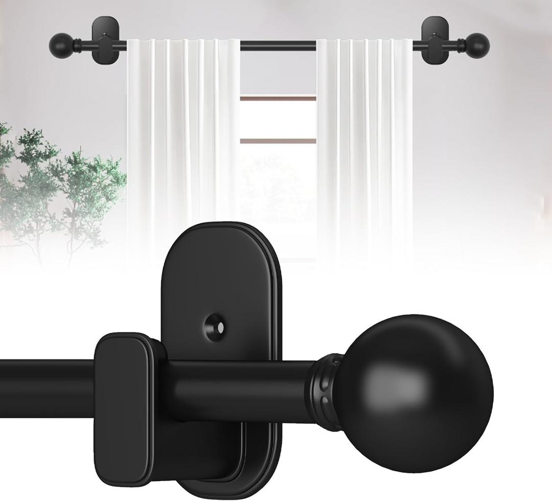 TKZTKZ Curtain Rods No Drilling for Windows 32 to 60 Inch, No Drill Small Black Curtain Rod with Adhesive Brackets for Bedroom,5/8" Apartment Renter Friendly Adjustable Drapery Rods Easy Install