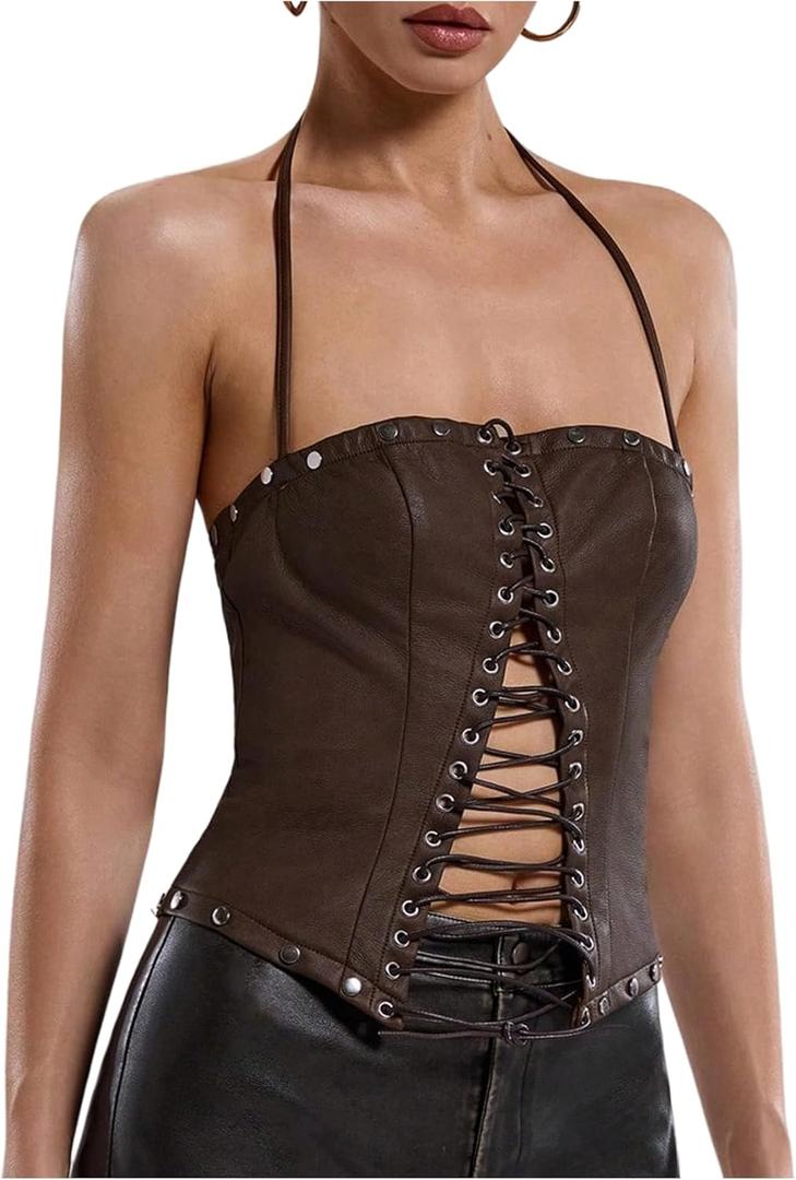 RoseSeek Women's PU Leather Lace Up Halter Top Y2K Sleeveless Backless Party Club Going Out Tops (X-Large, Brown)