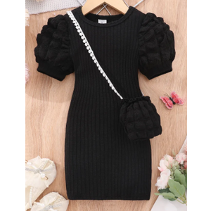 WDIRARA Toddler Girl's Mock Neck Puff Short Sleeve Ribbed Knit Bodycon Pencil Dress (4T, black)