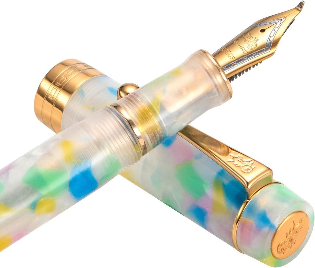 Jinhao 100 Fountain Pen Celluloid Classic Style, #6 Nib Smooth Writing Instrument with Refillable Converter and Pen Case Set (Rainbow)