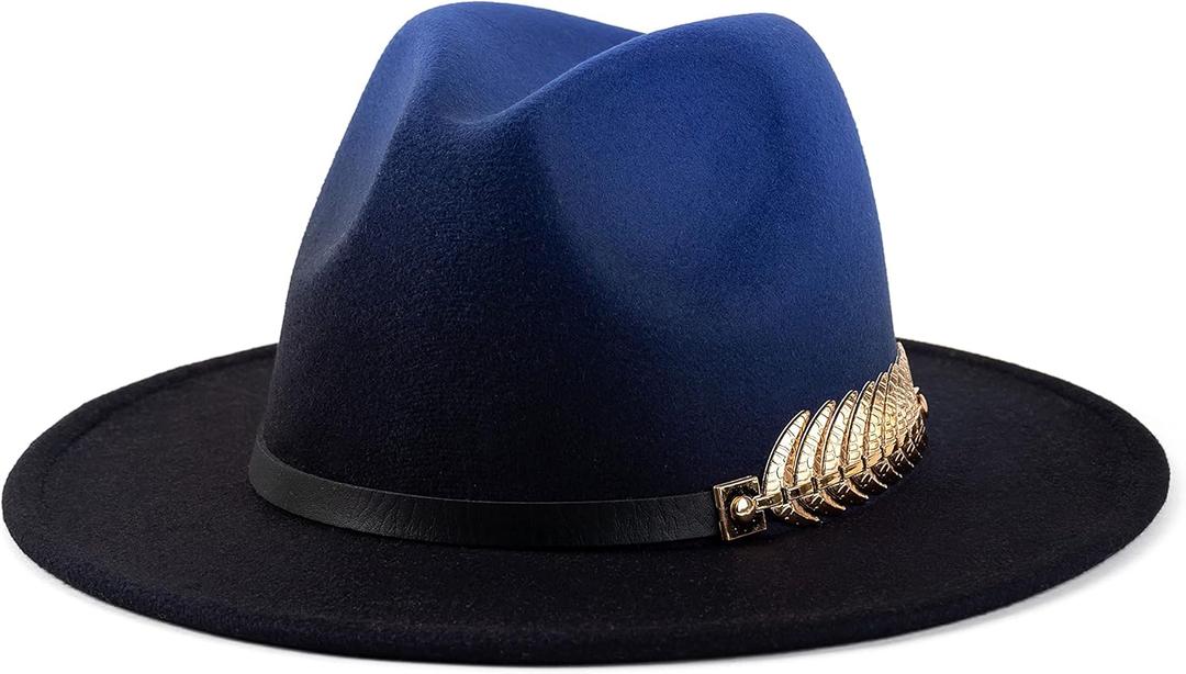 Gossifan Women Gradient Color Fedora Wide Brim Felt Panama Hat with Belt Buckle (Medium, Royal Blue/Black)