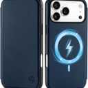 SHIELDON Genuine Leather Slim Wallet Case for iPhone 17 Pro Max 6.9 Inch 2025 | Flip | RFID Blocking Credit Card Slot | Magnetic Closure | Wireless Charging | Shock Absorbing Cover | Navy Blue