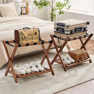 Oakvivo Fully Assembled Walnut Luggage Racks Set of 2, Bamboo Luggage Rack Stand for Guest Room, 5 Nylon Straps, 26.77" Folding Suitcase Stand with Storage Shelf for Bedroom Hotel, Holds up to 165 Lbs