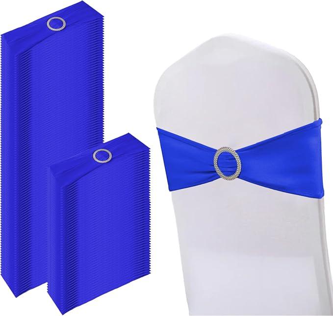 150 Pack Spandex Stretch Chair Sashes Bows, Elastic Stretch Chair Cover Bands Ties with Buckle Slider for Wedding Party Ceremony Reception Event Banquet Decoration (Blue)