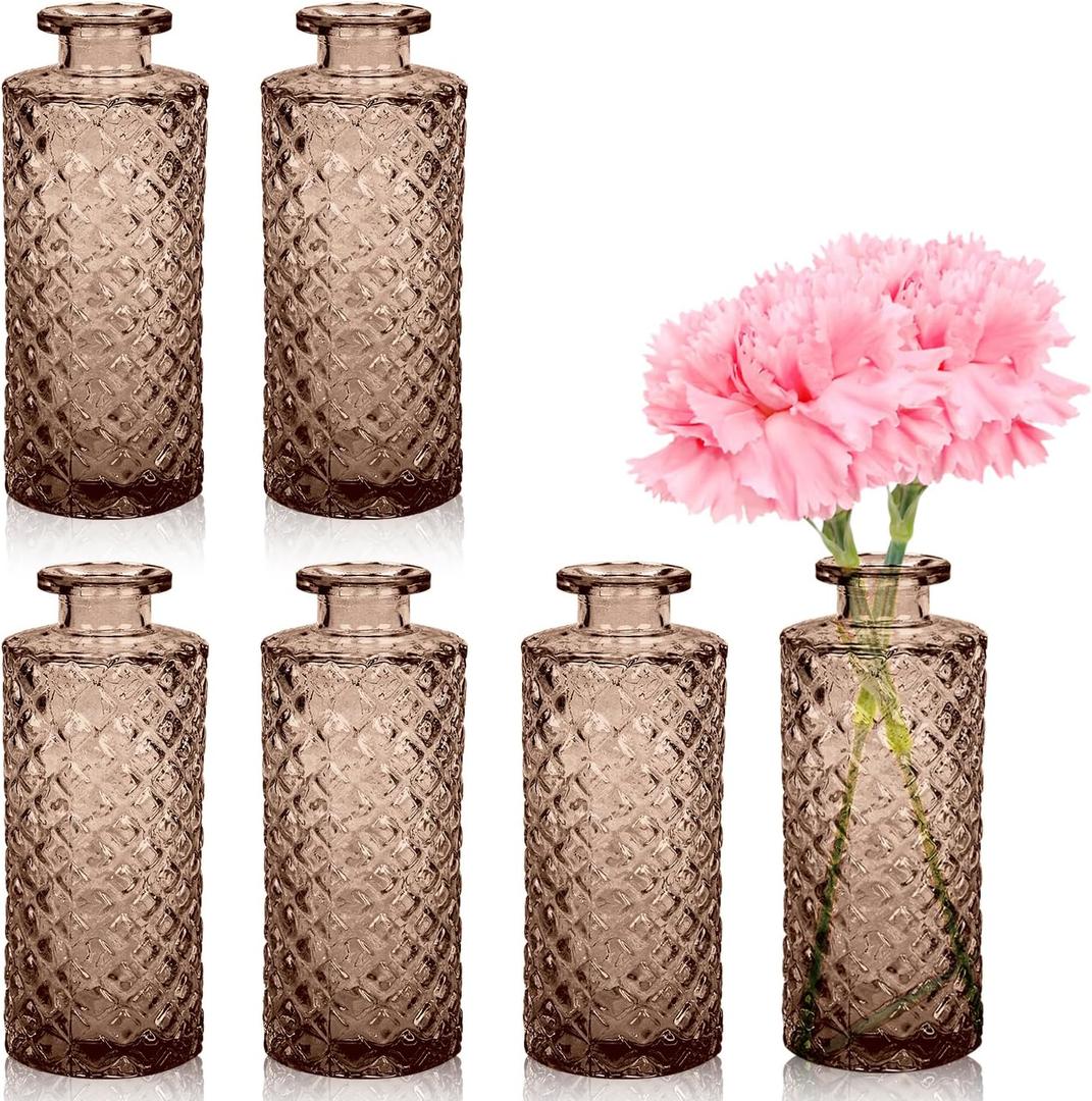 Bud Vases,6 Pcs Glass Vase Small Amber Bud Vases for Centerpieces, Vintage Vase for Centerpieces, Rustic Wedding, Home, Table Decor (Amber)