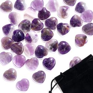 Patelai 24 Pcs Amethyst Heart Crystals Purple Heart Shaped Stones Natural Healing Worry Stones Mini Pocket Gemstone with Black Flannelette Bag for Valentines Gift Reiki Balancing