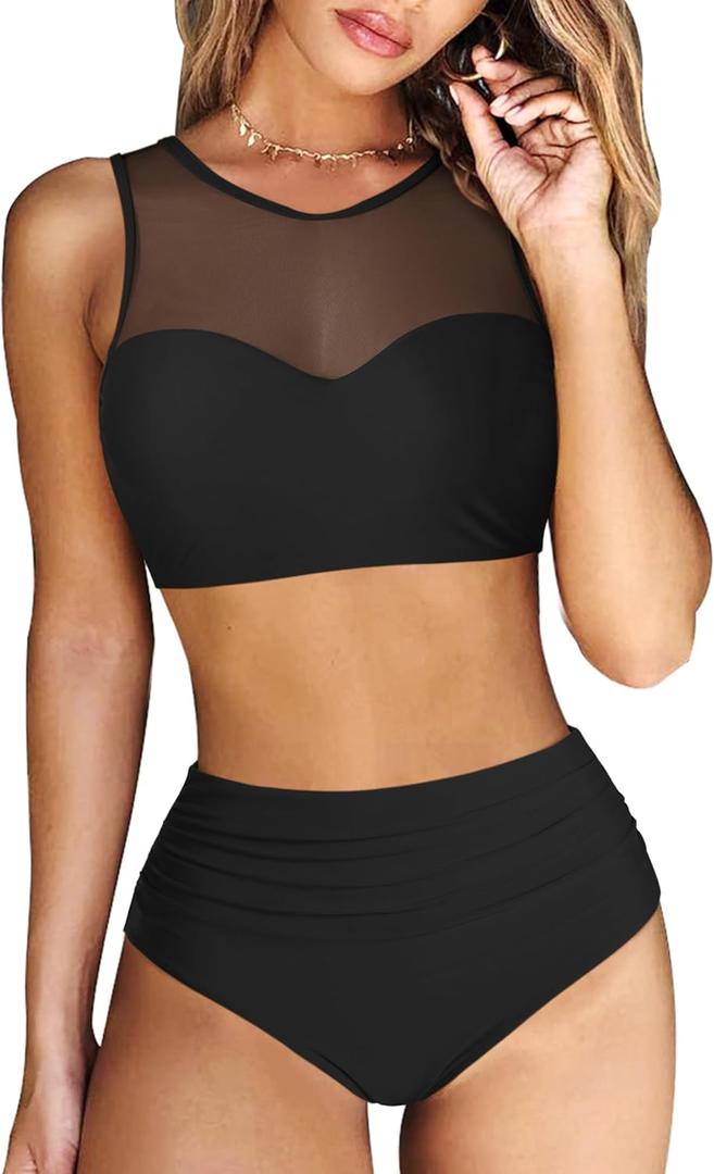 RXRXCOCO Women Mesh Two Piece Swimsuit High Waisted Bikini Set Ruched Tummy Control Bathing Suits (066# Black)