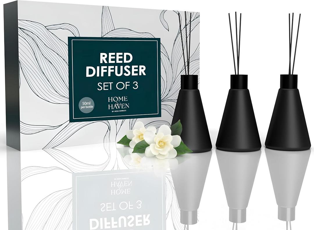 Mega Handles Reed Diffuser Sets (50ml) - 3 Pack White Flower Scent Bathroom Diffuser, Elegant Reed Diffuser for Shelf Decor, Decorative Air Freshener for Large Rooms - Matte Black