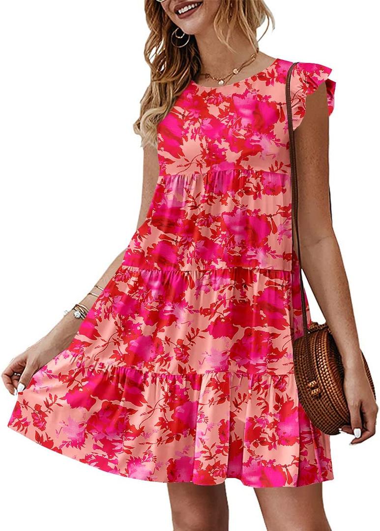 KIRUNDO Women's Summer Dresses Sleeveless Ruffle Sleeve Round Neck Solid Loose Short Flowy Pleated Mini Babydoll Dress (Small, Floral Rose Red)