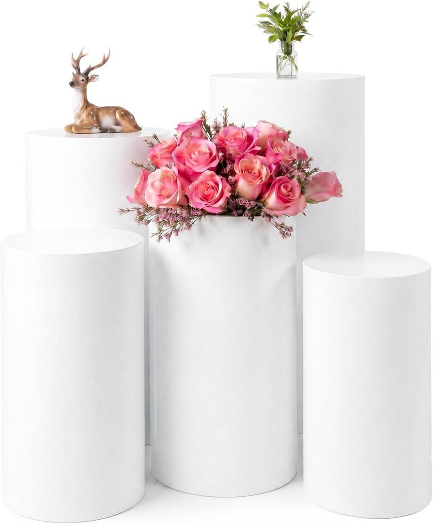 Zonon 5 Pcs Cylinder Pedestal Stands for Party, Metal White Display Stands Pillars for Wedding Bridal Ceremony Baby Shower Birthday Party Decorations