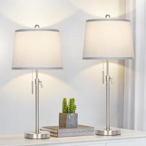 JUNNAI Table Lamps Set of 2, Bedside Lamp Silver Tall Table Lamps for Living Room End Tables, 22" to 30" Adjustable Height Lamp for Bedroom Nightstand Farmhouse with Pull Chain(Bulbs Included)